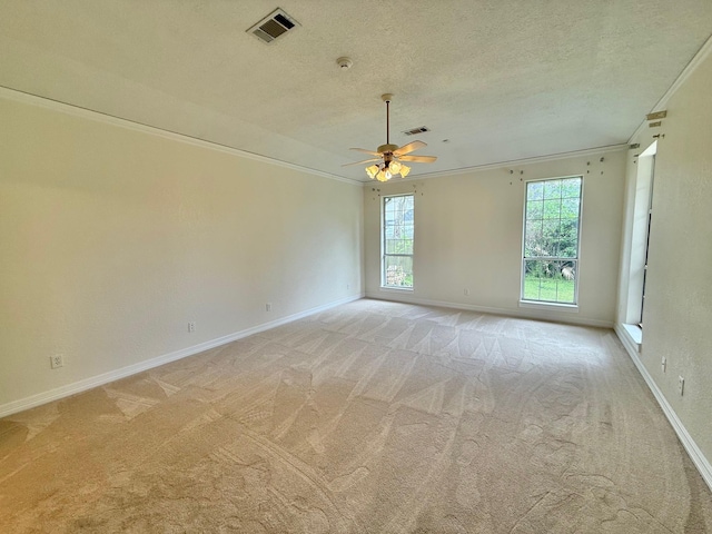 empty room with light colored carpet, crown molding, and a textured ceiling