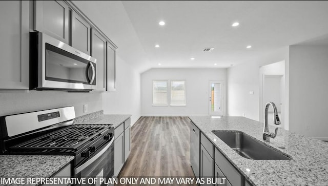 1670 Haidlyns Way, Sour Lake, TX 77659 - kitchen featuring appliances with stainless steel finishes, a sink, gray cabinetry, recessed lighting, and light wood-style floors