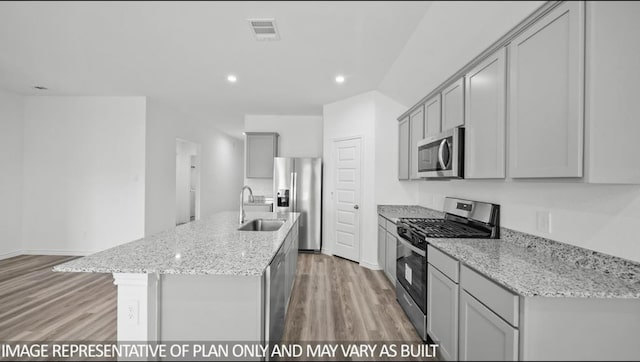 1670 Haidlyns Way, Sour Lake, TX 77659 - kitchen with appliances with stainless steel finishes, a sink, gray cabinets, light wood-style floors, and recessed lighting