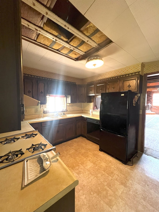 kitchen featuring black appliances, plenty of natural light, light countertops, and dark brown cabinets