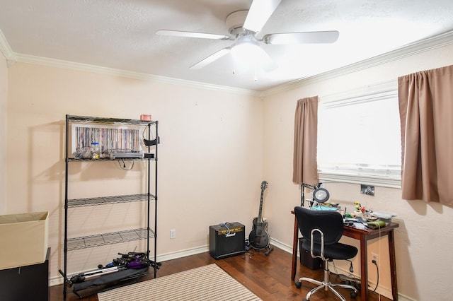 740 Randolph Cir, Beaumont, TX 77706 - home office with wood finished floors, ornamental molding, ceiling fan, and baseboards