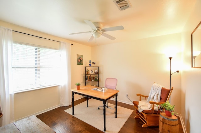 740 Randolph Cir, Beaumont, TX 77706 - office area featuring baseboards, dark wood-style floors, and a ceiling fan
