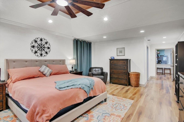 2999 59th St, Port Arthur, TX 77640 - bedroom featuring ornamental molding, light wood-type flooring, recessed lighting, and ceiling fan