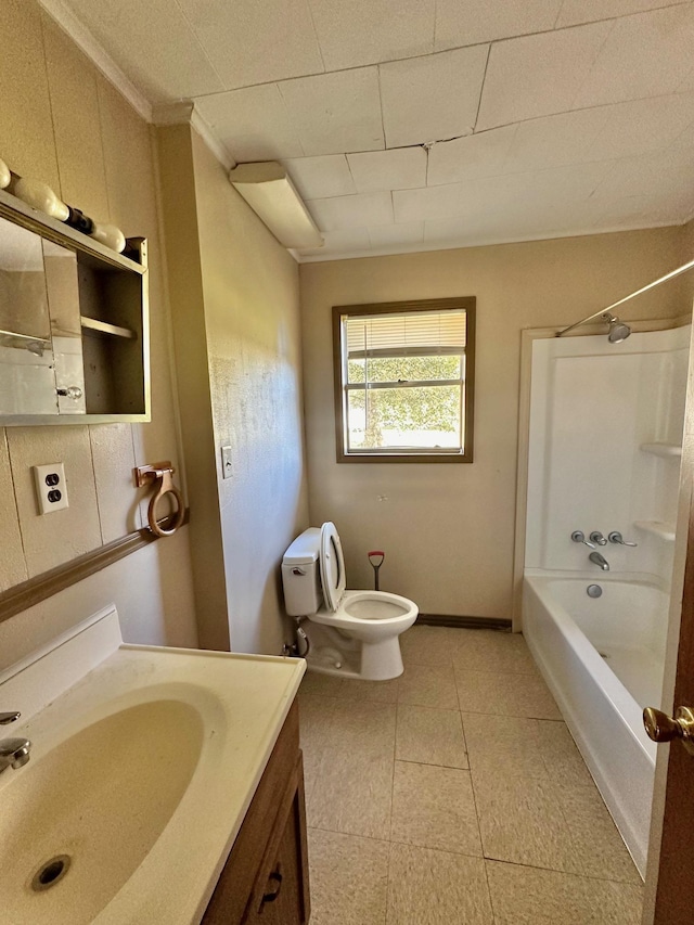 full bathroom with shower / bathing tub combination, vanity, and toilet