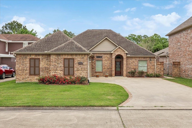view of front of property featuring a front yard, a shingled roof, concrete driveway, brick siding, and a gate