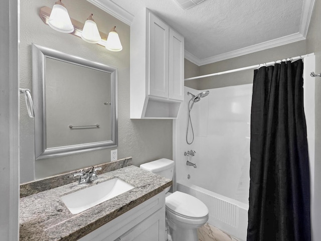 3708 Huntwick, Orange, TX 77632 - bathroom with shower / bath combo, vanity, a textured ceiling, and ornamental molding