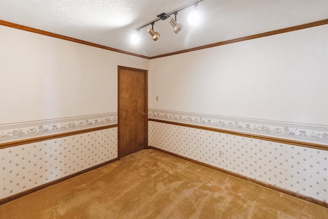 empty room with crown molding, carpet flooring, a textured ceiling, wallpapered walls, and a wainscoted wall
