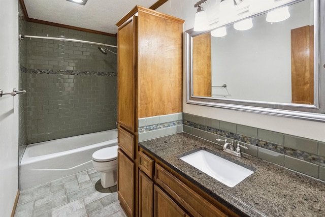 full bath featuring a textured ceiling, tub / shower combination, toilet, vanity, and backsplash