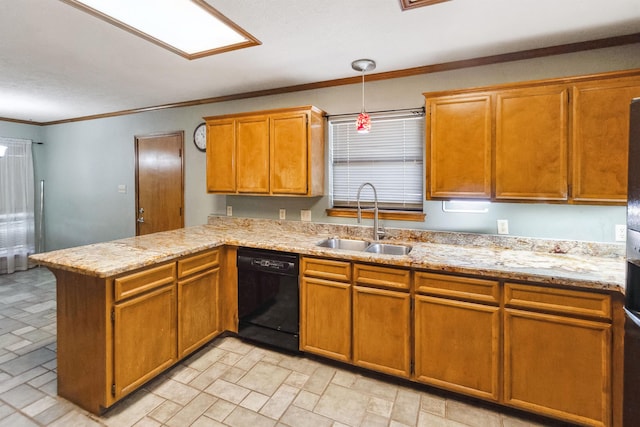 kitchen featuring a sink, dishwasher, a peninsula, brown cabinetry, and ornamental molding