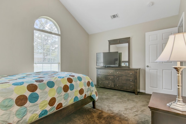 bedroom with lofted ceiling and carpet flooring