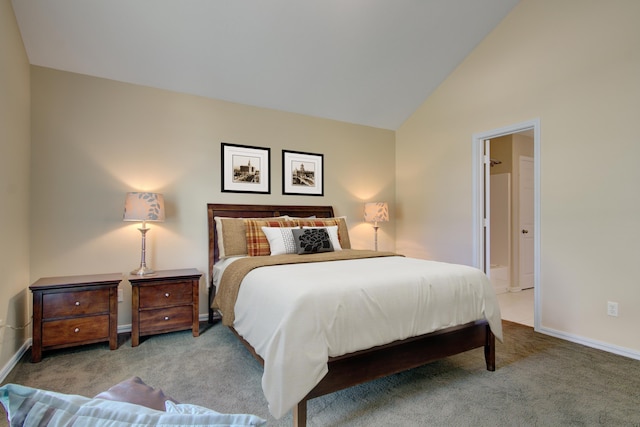 bedroom with light carpet and vaulted ceiling