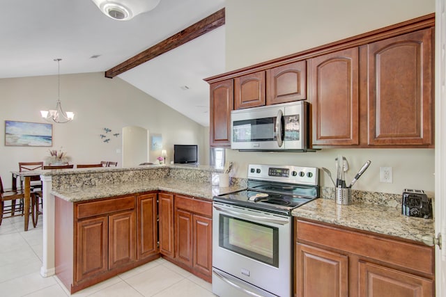 kitchen with pendant lighting, lofted ceiling with beams, stainless steel appliances, kitchen peninsula, and light stone countertops