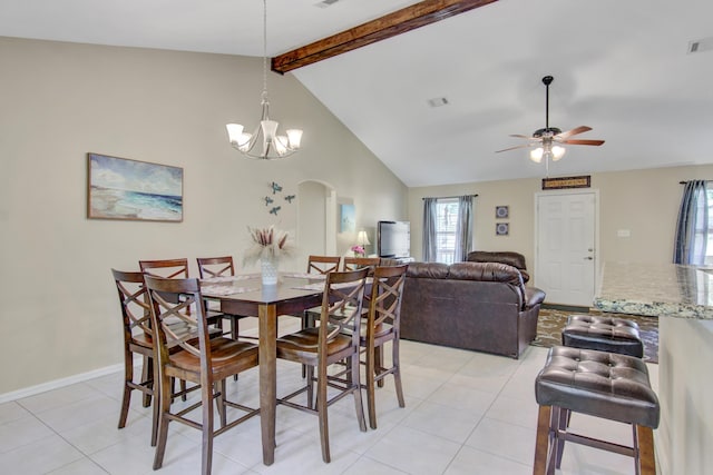 tiled dining space featuring ceiling fan with notable chandelier, high vaulted ceiling, and beam ceiling