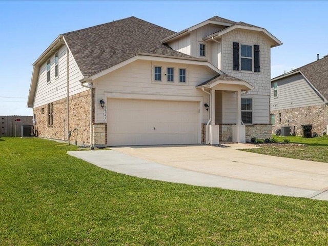 view of front of property with a shingled roof, a front yard, driveway, and stone siding
