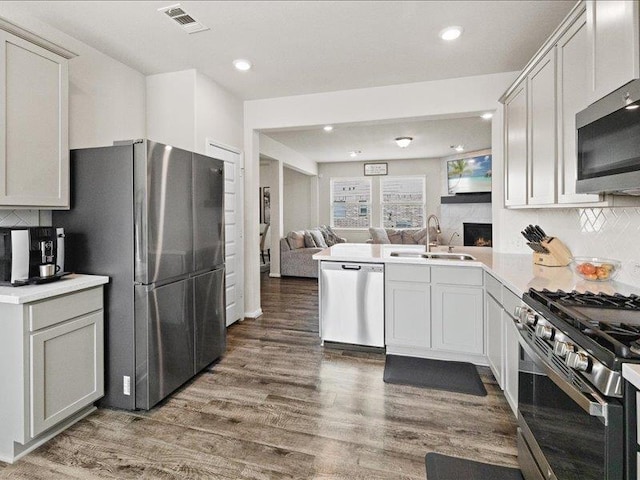 kitchen featuring wood finished floors, open floor plan, recessed lighting, a sink, and stainless steel appliances