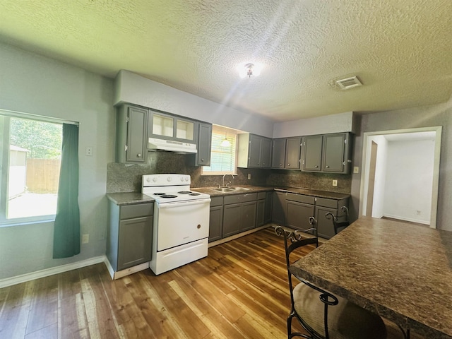 2922 Little Cypress Dr, Orange, TX 77632 - kitchen with white range with electric stovetop, under cabinet range hood, a sink, gray cabinets, and dark wood finished floors