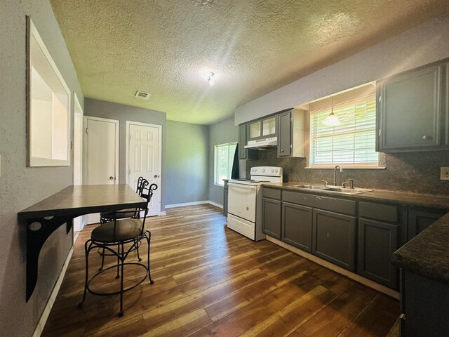 2922 Little Cypress Dr, Orange, TX 77632 - kitchen featuring electric range, a sink, dark wood-style floors, gray cabinetry, and dark countertops