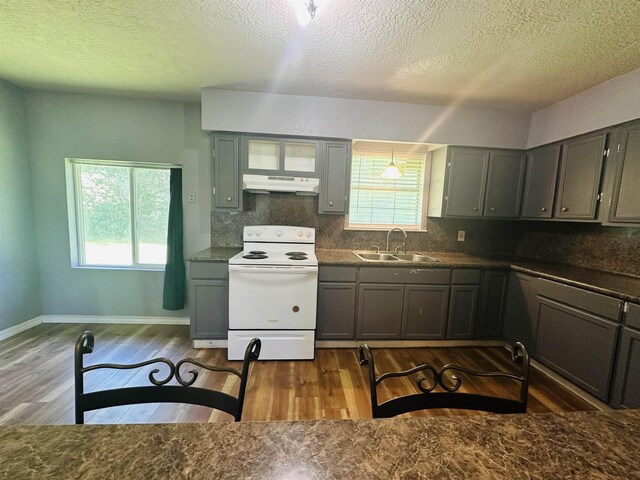 2922 Little Cypress Dr, Orange, TX 77632 - kitchen featuring white electric range, under cabinet range hood, a sink, plenty of natural light, and a textured ceiling