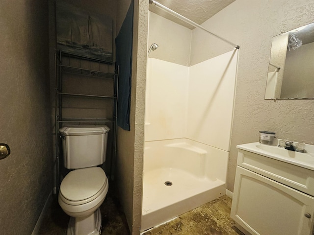 2922 Little Cypress Dr, Orange, TX 77632 - full bathroom featuring vanity, a stall shower, toilet, a textured wall, and stone finish floors