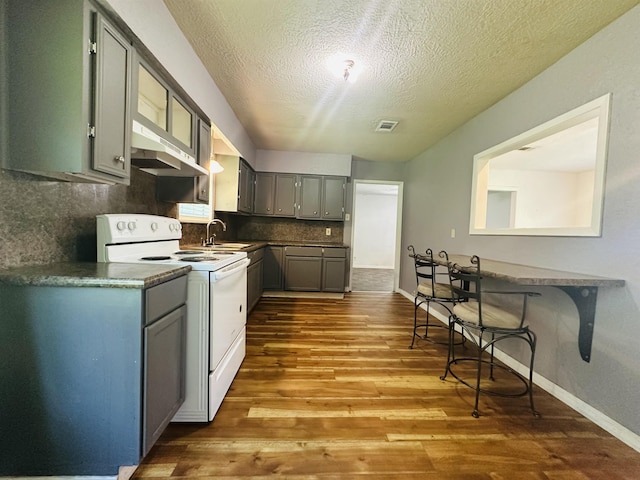2922 Little Cypress Dr, Orange, TX 77632 - kitchen featuring white range with electric stovetop, a sink, wood finished floors, a textured ceiling, and decorative backsplash