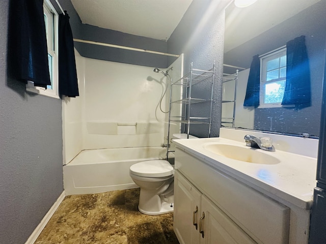 2922 Little Cypress Dr, Orange, TX 77632 - bathroom featuring vanity, shower / washtub combination, toilet, baseboards, and a textured wall