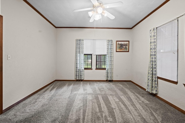 10425 Bussey Rd, Silsbee, TX 77656 - carpeted empty room featuring ornamental molding, ceiling fan, and lofted ceiling