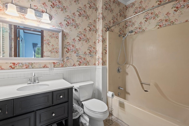 10425 Bussey Rd, Silsbee, TX 77656 - bathroom with a wainscoted wall, wallpapered walls, vanity, and  shower combination
