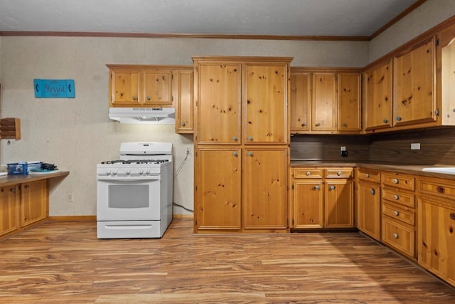10425 Bussey Rd, Silsbee, TX 77656 - kitchen with white gas range, under cabinet range hood, light wood-type flooring, brown cabinets, and crown molding