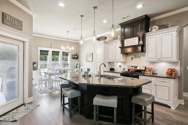 kitchen with white cabinets, an island with sink, stainless steel gas range oven, and sink