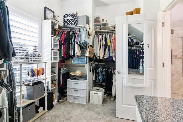 walk in closet featuring light carpet