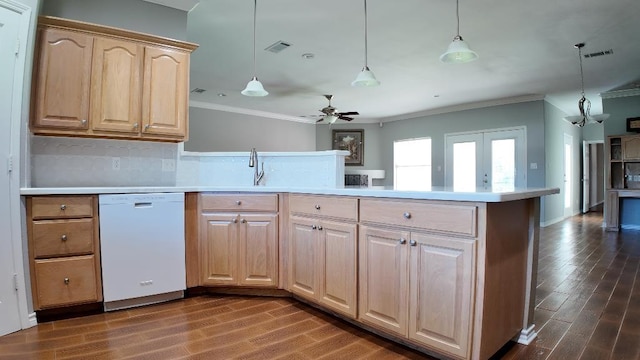 kitchen with ceiling fan, dishwasher, sink, hanging light fixtures, and tasteful backsplash