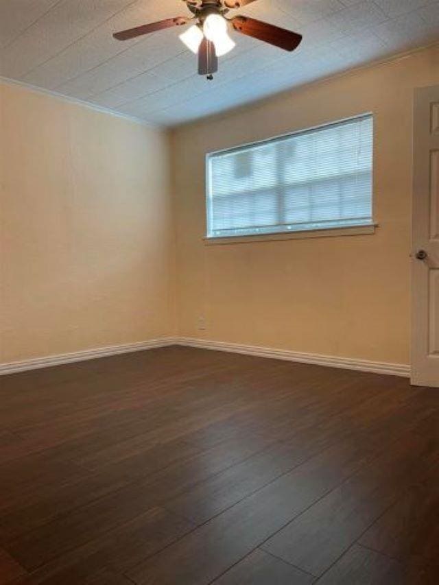 unfurnished room featuring ornamental molding, ceiling fan, and dark wood-type flooring