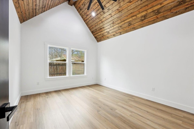 spare room featuring wooden ceiling, baseboards, and light wood-style floors