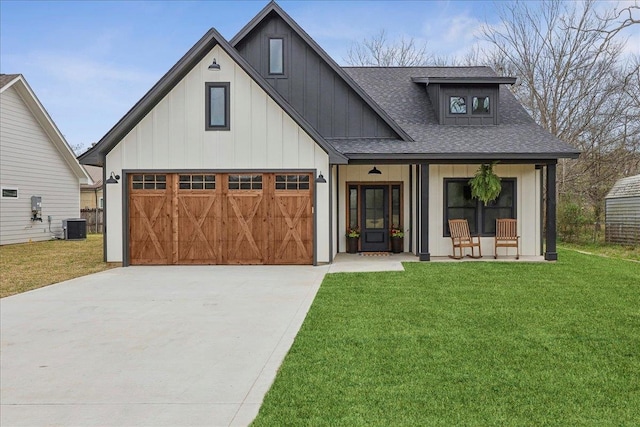 modern farmhouse featuring central AC unit, board and batten siding, concrete driveway, and a front yard