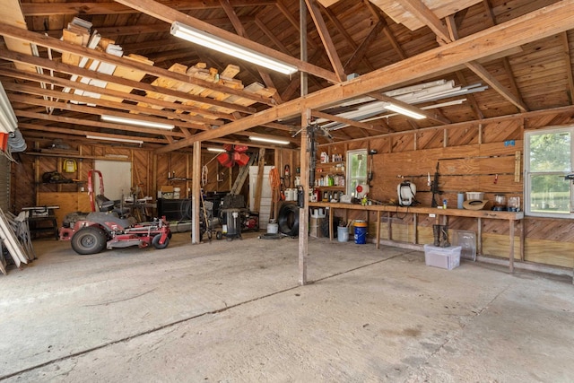 garage with a workshop area