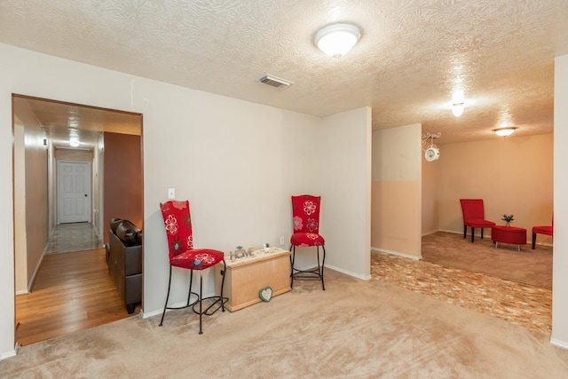 living area with carpet flooring and a textured ceiling