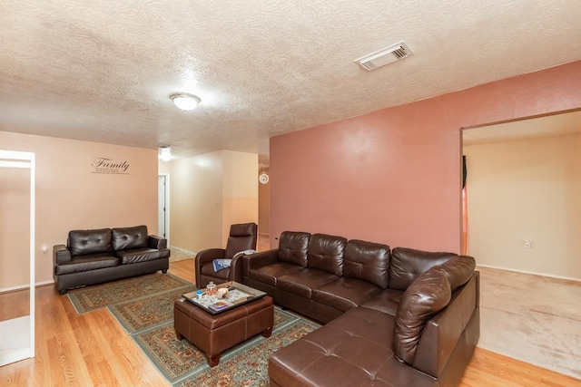 living room with wood-type flooring and a textured ceiling