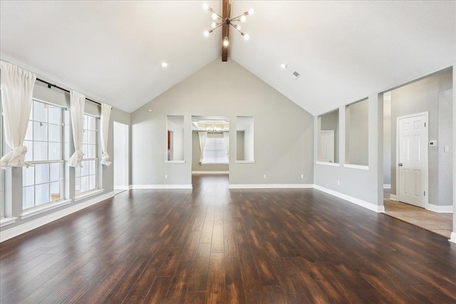 unfurnished living room featuring beam ceiling, dark wood-type flooring, high vaulted ceiling, and a chandelier