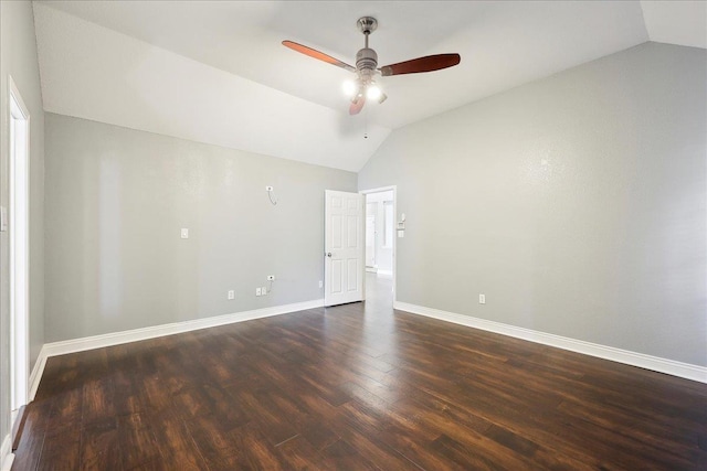 unfurnished room with dark wood-type flooring, ceiling fan, and lofted ceiling