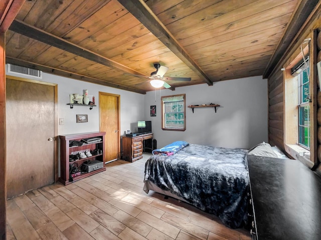 9378 Cocklebur Loop, Silsbee, TX 77656 - bedroom featuring a wood ceiling with exposed beams, wood finished floors, and ceiling fan