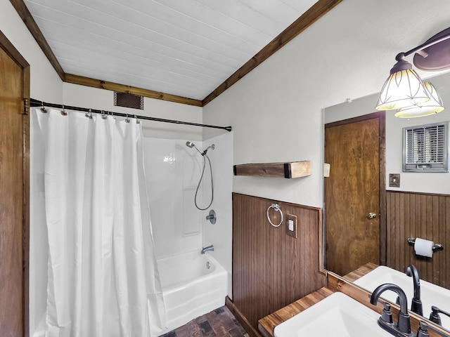9378 Cocklebur Loop, Silsbee, TX 77656 - bathroom with wainscoting, shower / bath combo with shower curtain, wooden walls, crown molding, and wooden ceiling