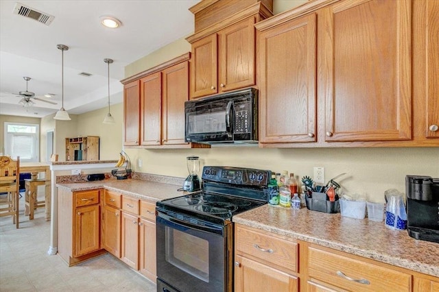 kitchen featuring kitchen peninsula, ceiling fan, pendant lighting, and black appliances