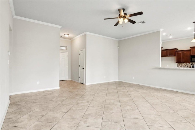 unfurnished living room featuring ceiling fan, light tile patterned flooring, and crown molding