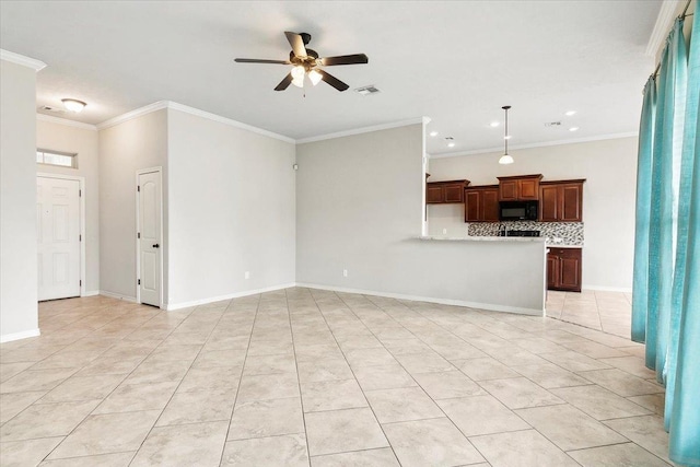 unfurnished living room with light tile patterned floors, ceiling fan, and crown molding