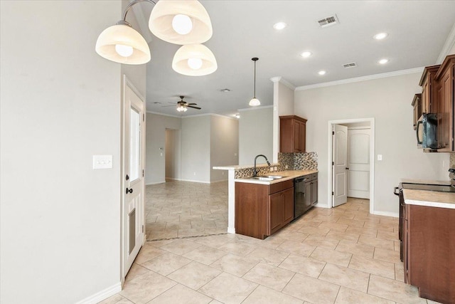 kitchen with pendant lighting, black appliances, crown molding, ceiling fan, and kitchen peninsula