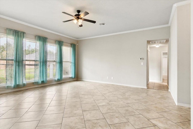 unfurnished room with light tile patterned floors, ceiling fan, and crown molding