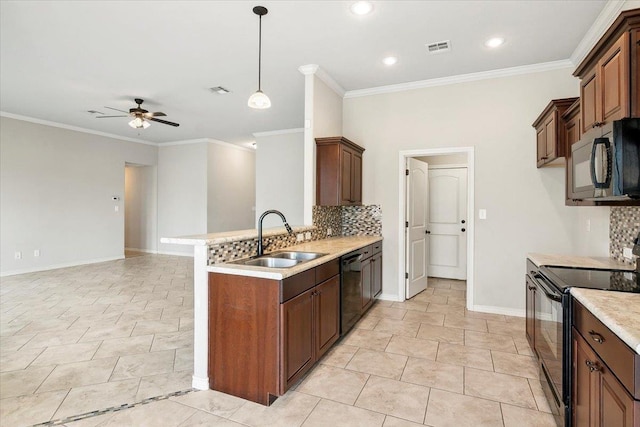 kitchen with kitchen peninsula, ornamental molding, ceiling fan, sink, and black appliances