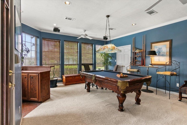 playroom featuring light colored carpet, ceiling fan, ornamental molding, and pool table