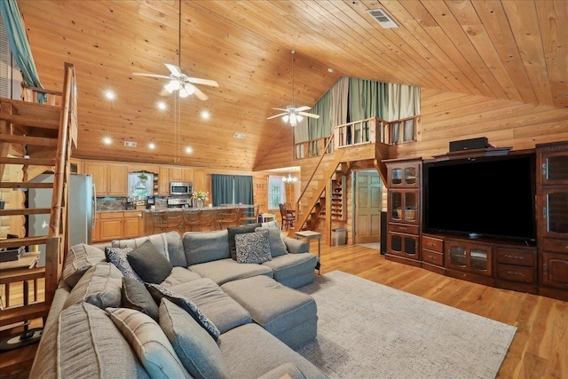 9570 Skeeter Dr, Orange, TX 77632 - living area featuring wood ceiling, stairs, a ceiling fan, high vaulted ceiling, and light wood finished floors