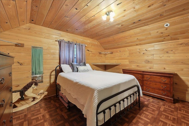 9570 Skeeter Dr, Orange, TX 77632 - bedroom featuring vaulted ceiling, wood walls, and wooden ceiling
